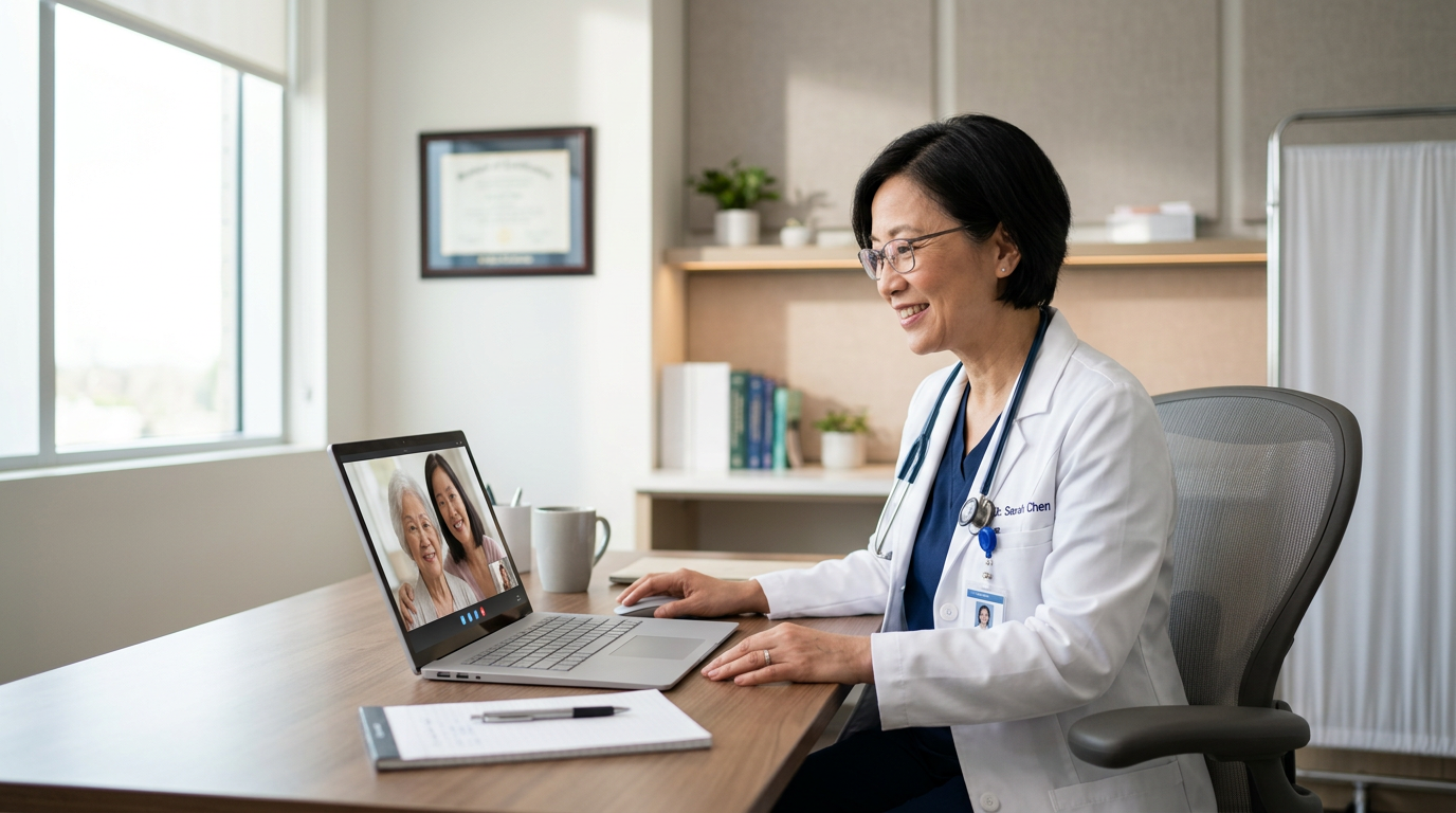A licensed physician speaking with a patient over a secure video visit