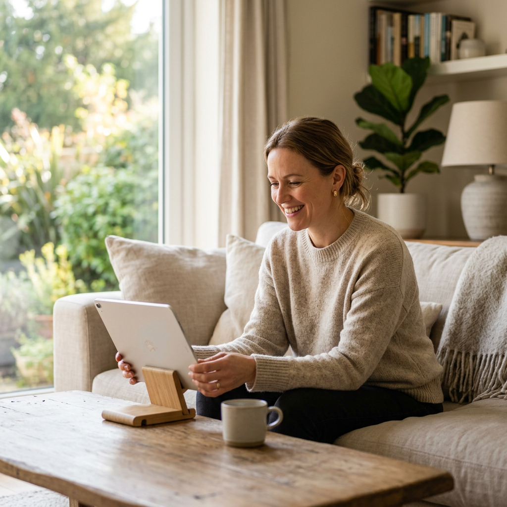 Patient using a tablet for a virtual Lyla Health visit at home